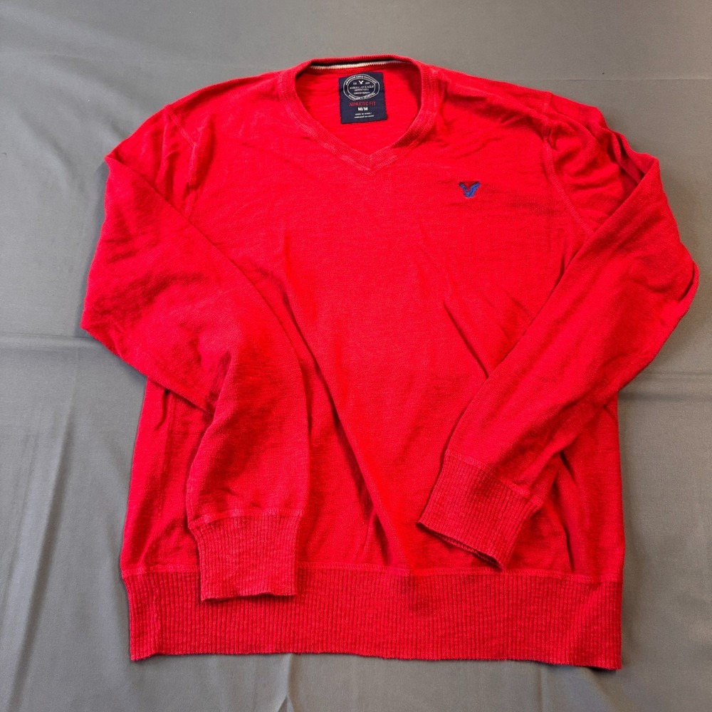 American Eagle Mens Red V-Neck Sweater Athletic Fit 100% Cotton Size M Logo